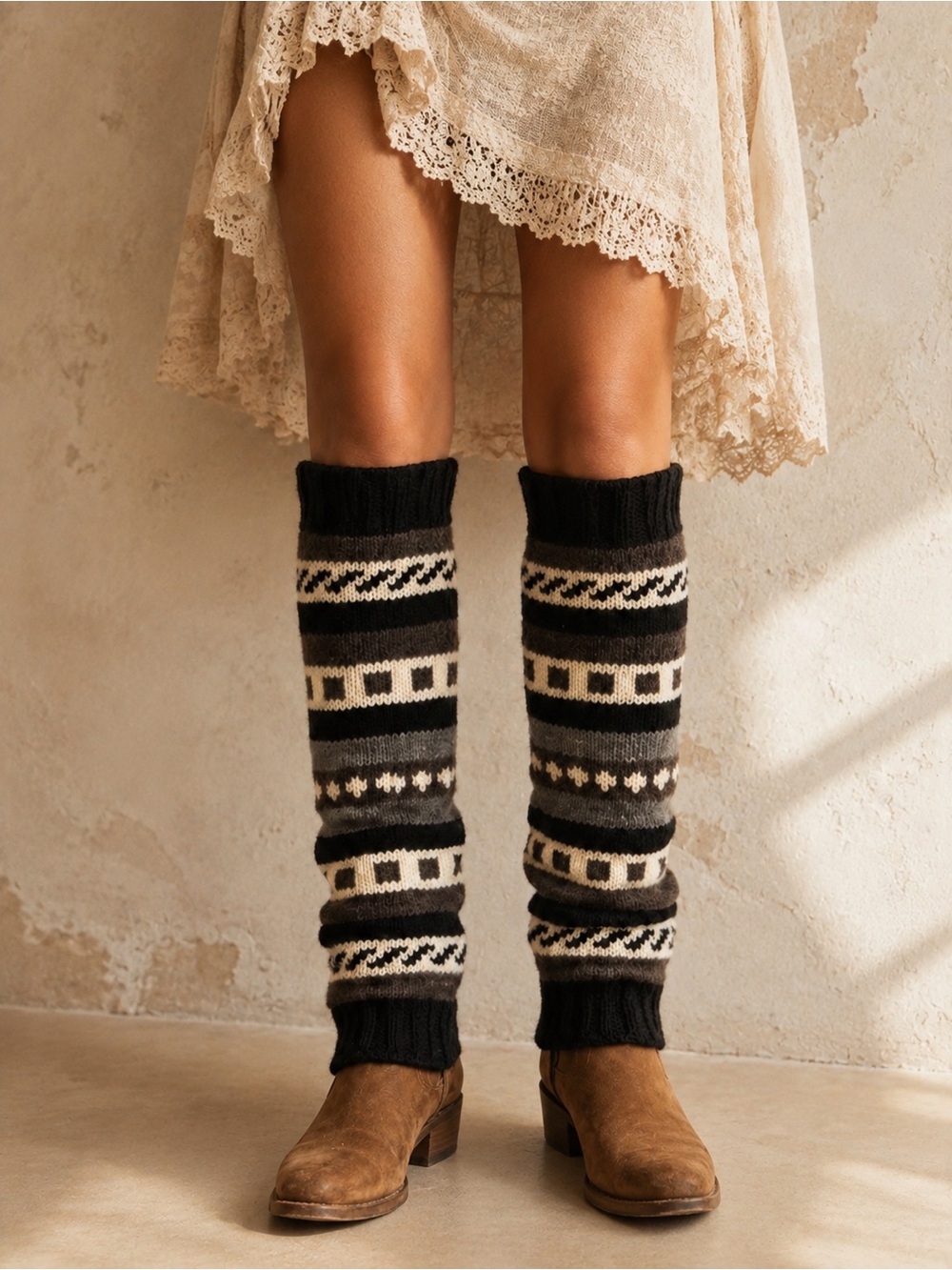 100% Wool Fleece Lined Fair Isle Leg Warmers Boho Made in Nepal
